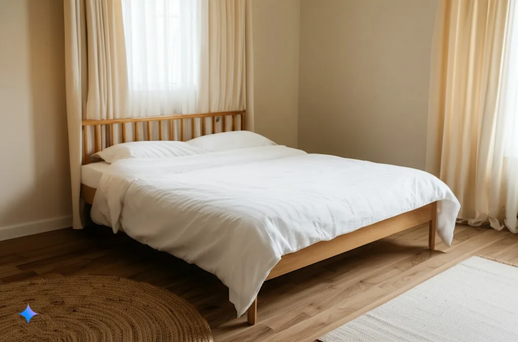 Dormitorio de madera clara con espacio libre a ambos lados de la cama