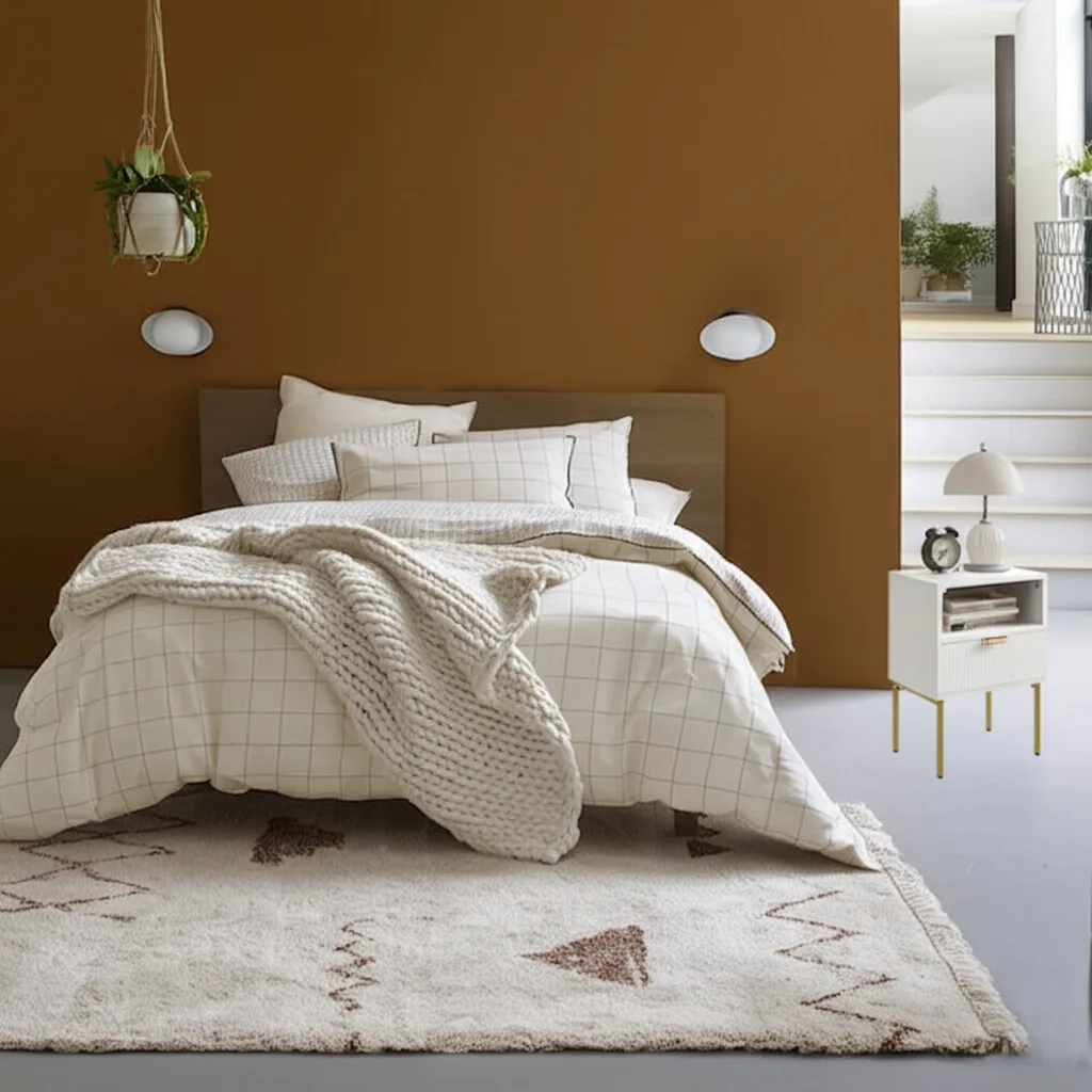 Dormitorio luminoso con una mesita blanca de cajón y patas doradas